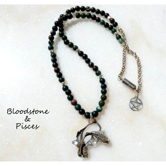 Sterling Silver Pisces Fish Bloodstone Beaded Pendant Necklace Pentagram - Picture 1 of 9